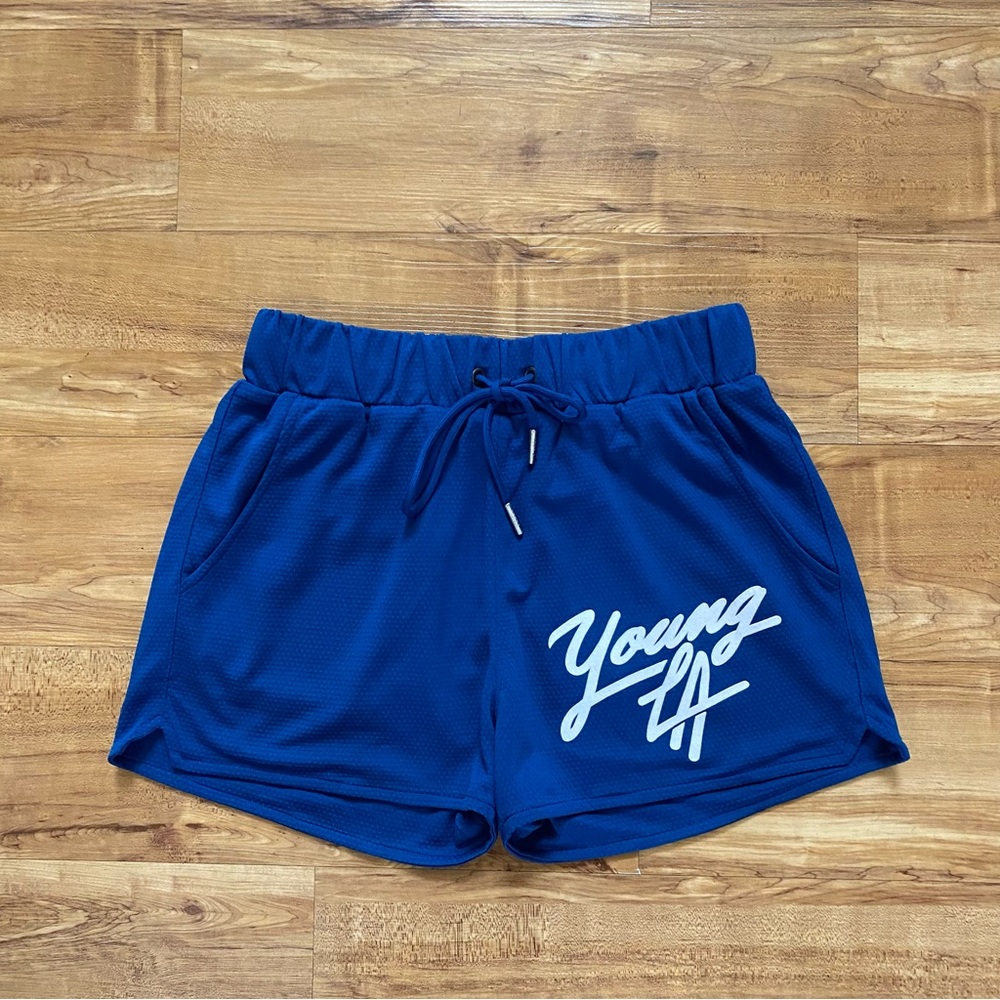 YoungLA Mens S Blue Legacy 104 Spell Out Mesh Gym Shorts Athletic Bodybuilding